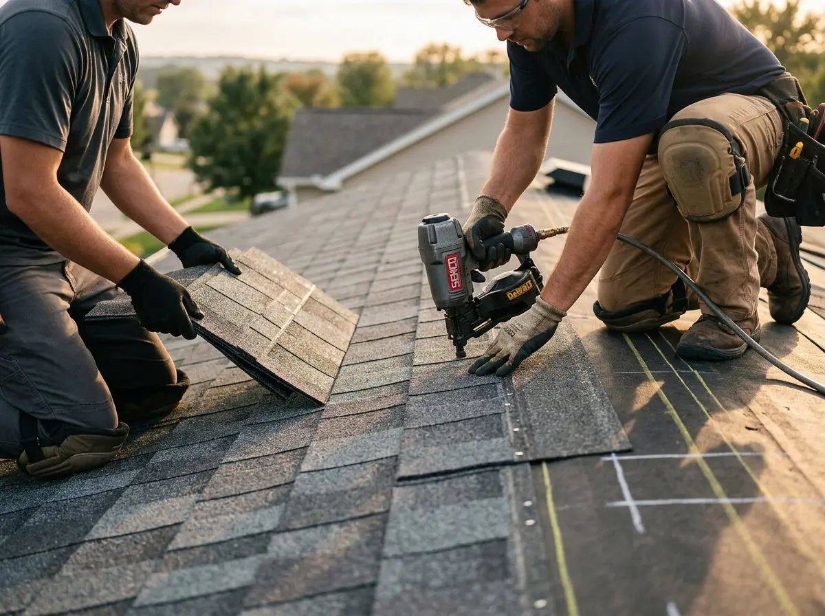 Professional roofer working on a residential roof in Darlington